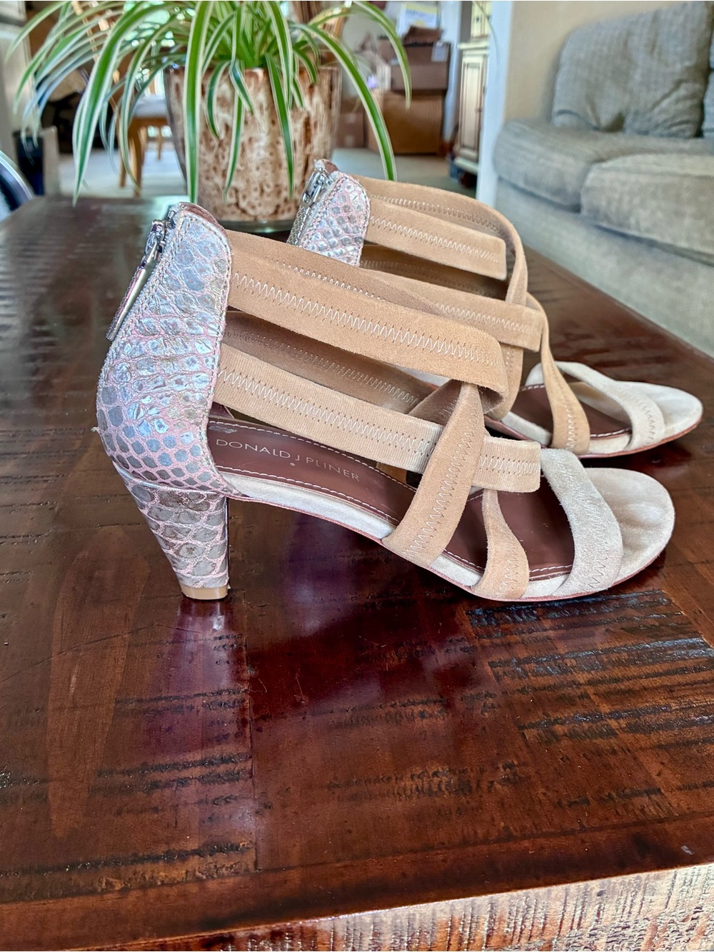Donald J. Pliner Vida Beige and Pale Pink Strappy Mid-Heel Sandals